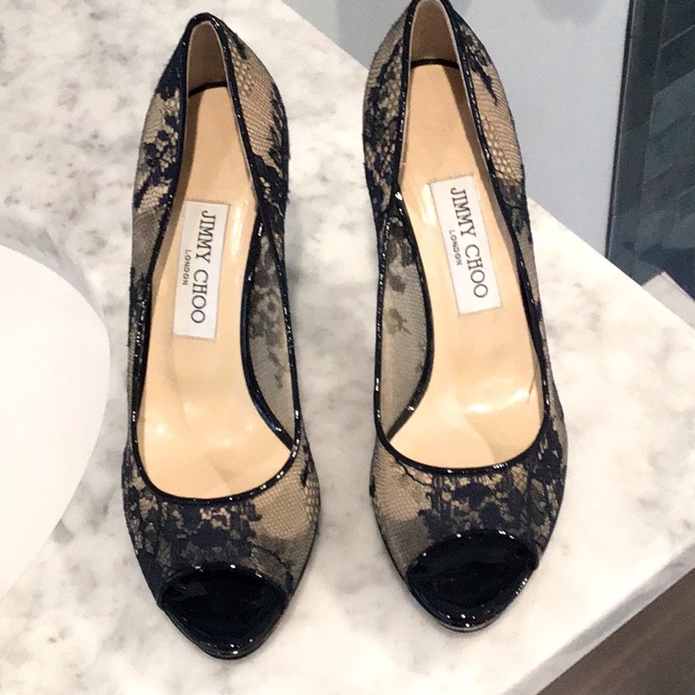 Jimmy Choo Lace Navy High Heeled Pumps